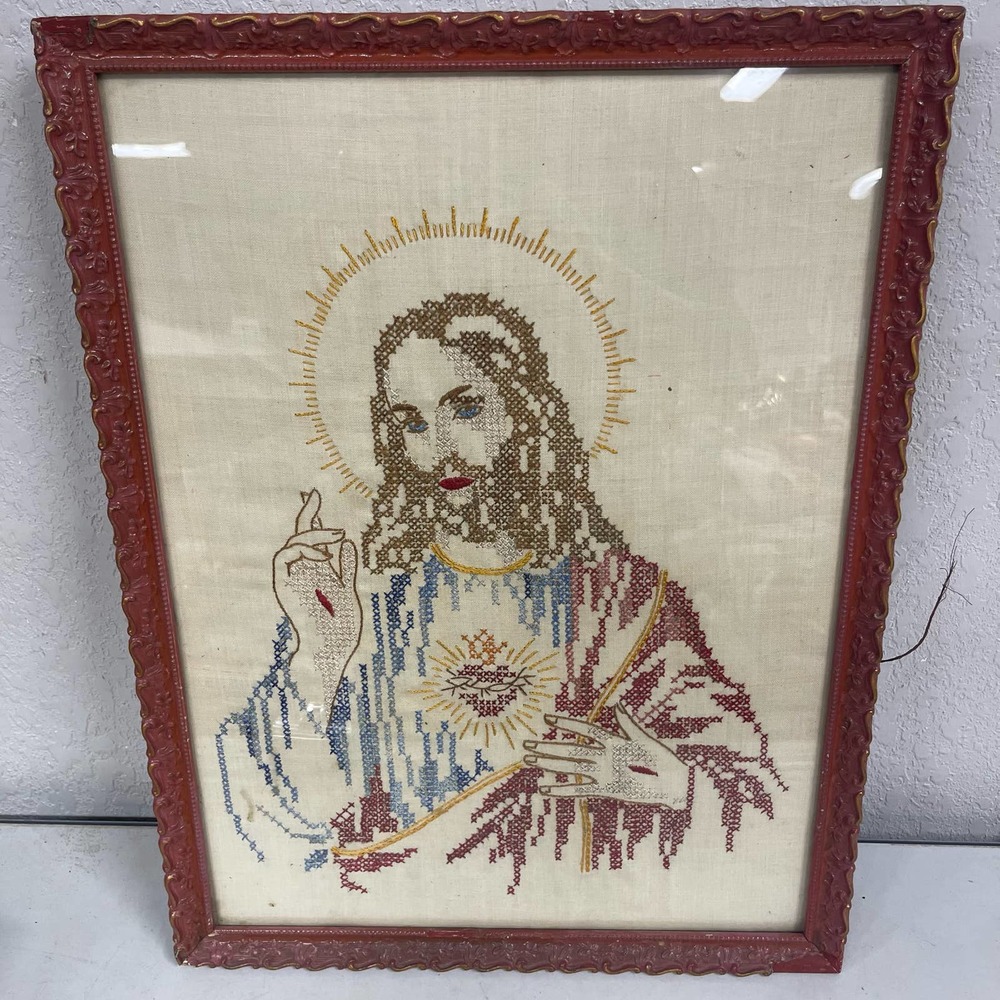 Vintage needle work cross stitch Jesus framed wall art BLHN